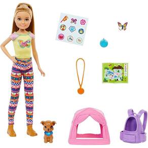 Conjunto de acampamento da Barbie com boneca, cachorro, barraca, transportador e acessórios. Presente ideal para crianças de 3 a 7
