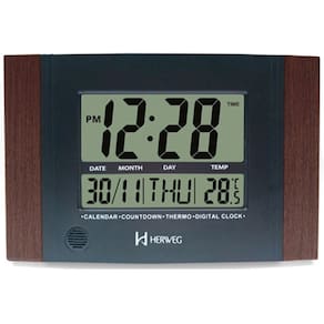 Relógio de Parede ou Mesa Digital LCD Calendário Termômetro Madeira Escura Herweg 6438