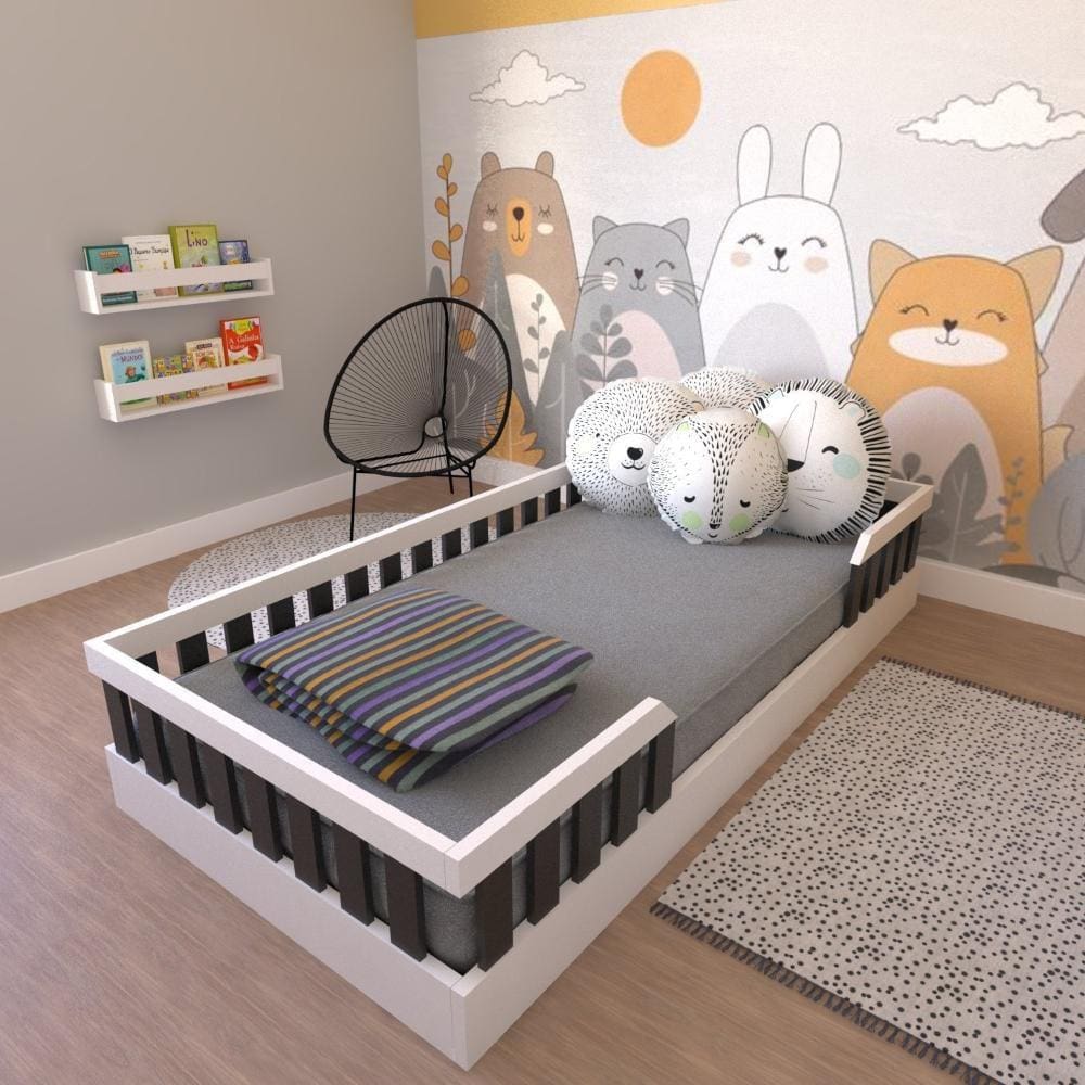Cama Infantil Montessoriana Solteiro Cori Yescasa Branco/Preto