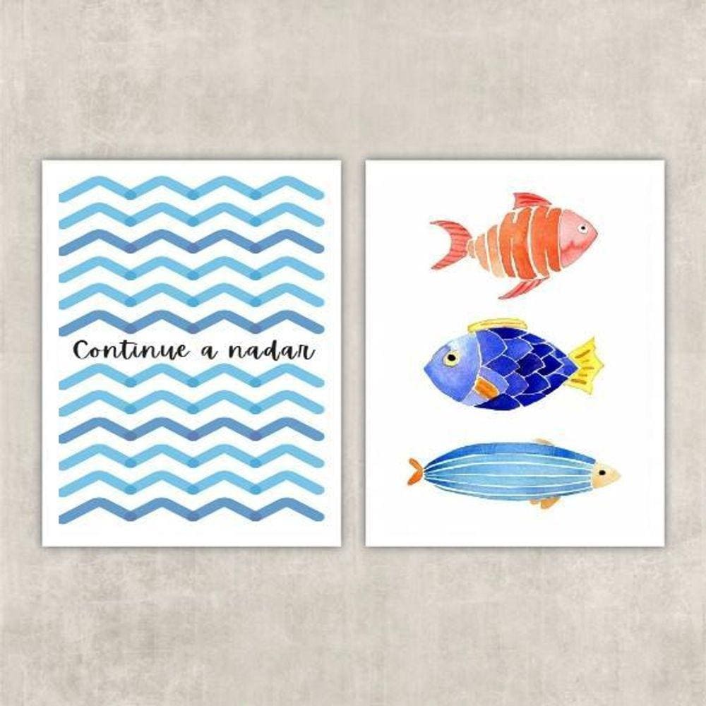 Kit 2 Quadros Peixes Continue Nadar 33x24cm - Vidro
