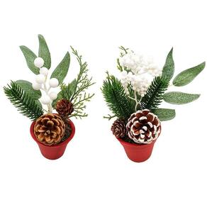 Kit 2 Vasos Natal Decorados Folhagens, Berries e Pinhas Nevado 20cm - Magizi