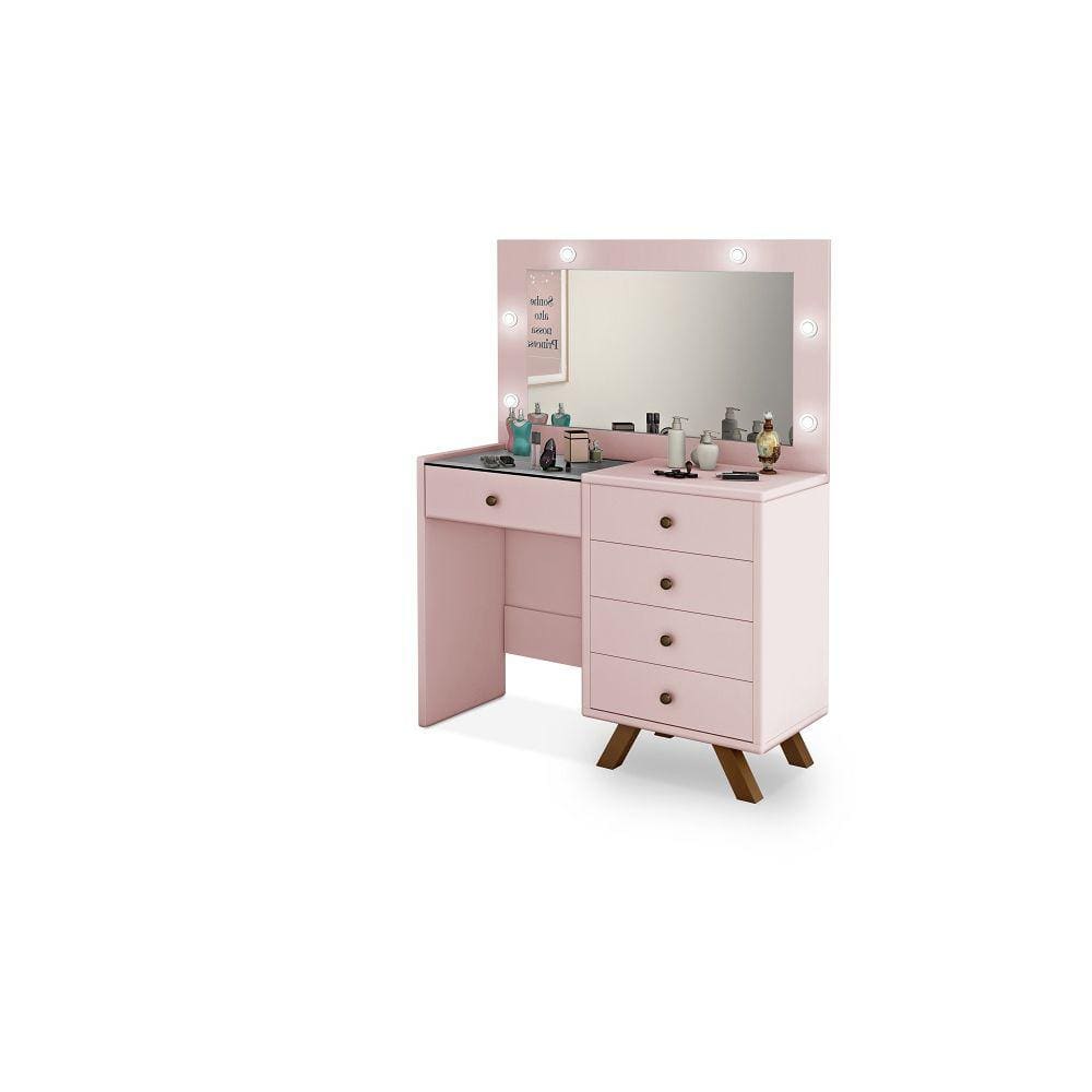penteadeira camarim 5g mdf pes e puxador de madeira classic cor Rosa