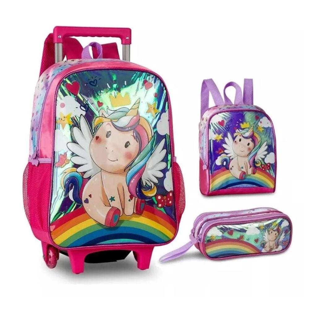 Kit Mochila Carrinho + Estojo + Lancheira Unicórnio Clio