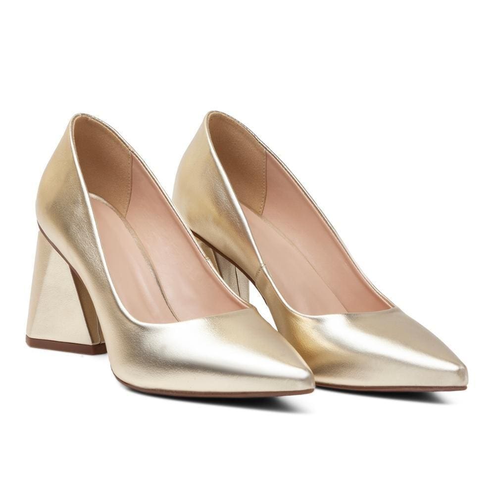 Scarpin Feminino Salto Grosso Bico Fino Metalizado