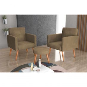 Conjunto Dallas 2 Poltronas + 1 Puff Veludo Light Bege Matrix