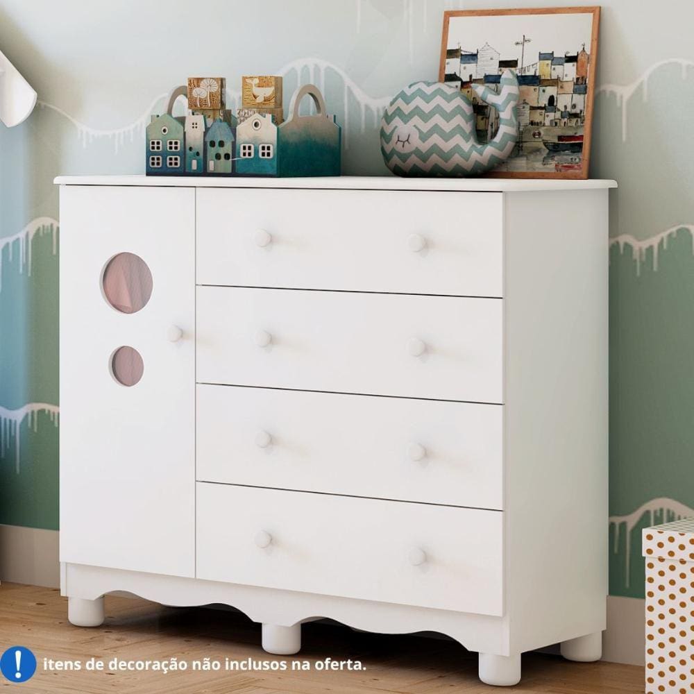 Cômoda Bolinha 1Porta Branco / Branco Carvalho Peroba