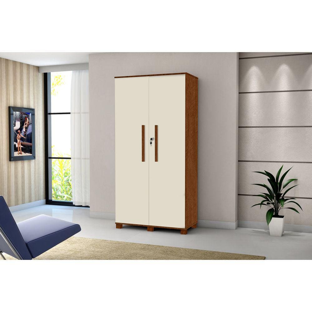 Multiuso Dacar MDF Reforçado Pes de Madeira Nichos Prateleiras e Cabideiro Off White Com Canela