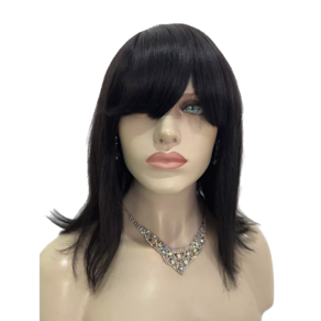 Peruca humana curta preta natural lisa 32cm com franja bob