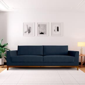 Sofá 3 Lugares 210cm Movie Estilo Moderno Linho Pés em Madeira Maciça Azul Jeans