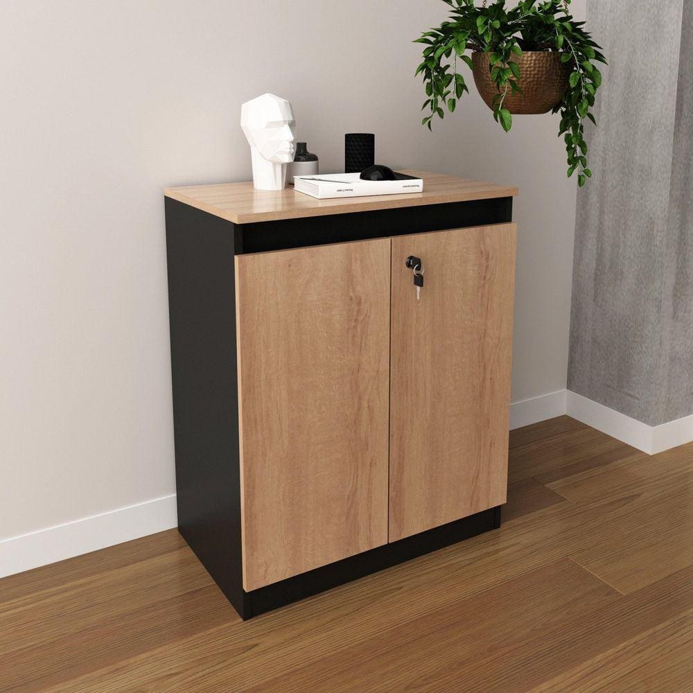 Balcão Para Escritório com Chave 2 Portas ME4149 Tecno Mobili Amêndoa/Preto