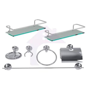 Kit Banheiro Acessórios Aço Inox 5 Peças + 2 Porta Shampoo
