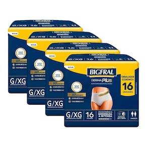 Roupa Íntima Bigfral Derma Plus Tamanho G/XG - 4 Pacotes com 16 Fraldas - Total 64 Tiras