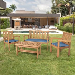 Conjunto para Jardim de Madeira Eucalipto 4 Peças Estofado Marrom Espresso Móveis Amadeirado/Azul