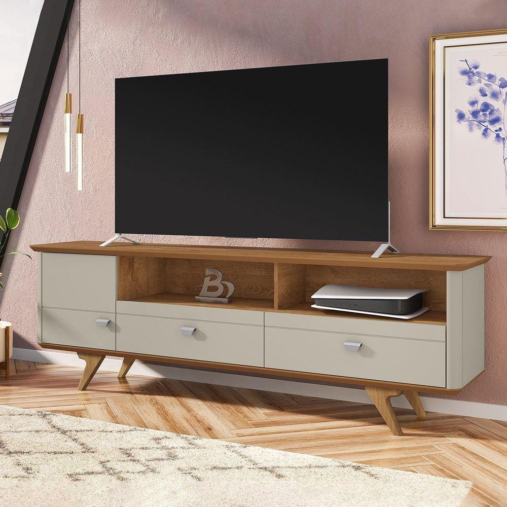 Rack Para TV até 70 Polegadas Pés de Madeira Maciça 1 Porta 2 Gavetas e Friso Decorativo Atenas Off-White/Marromlle