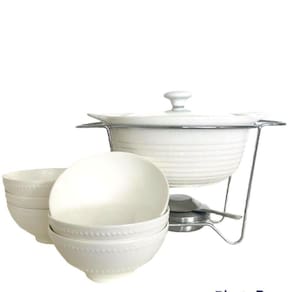 Rechaud Porcelana Redondo com Bowls Brancos Porcelana 7pç Dynasty