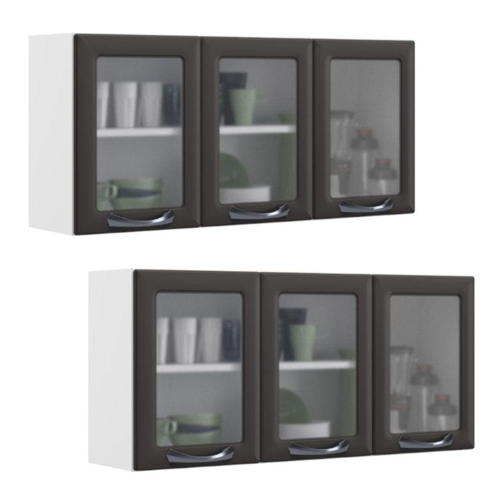 Kit 2 Armários Aéreos Multiuso Itatiaia Aço 3 Portas Com Vidro New Premium Cozinha e Área de Serviço Grafite\n