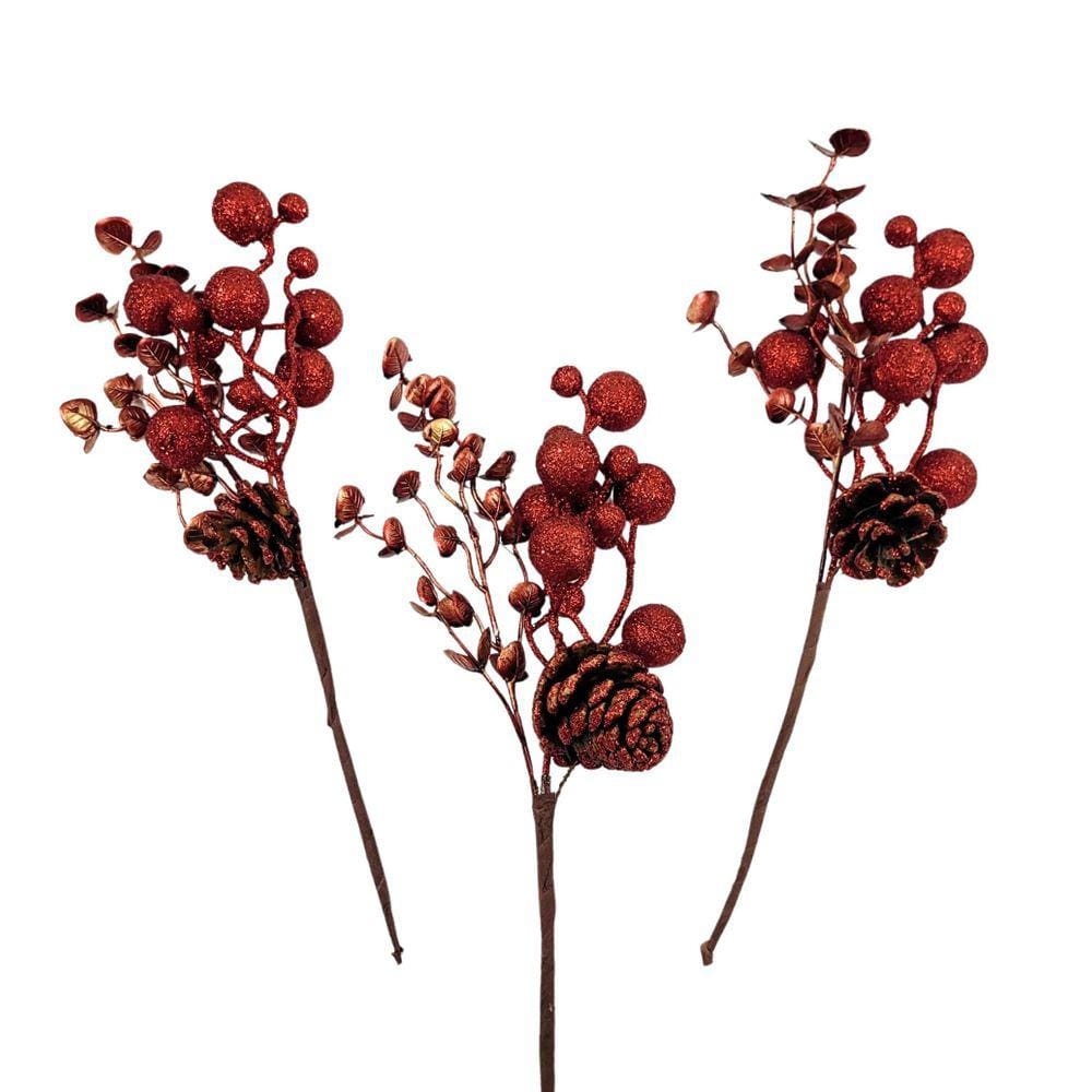 Galho Cereja Vermelho 31X11X10Cm Folhagem De Natal Kit 3Pc