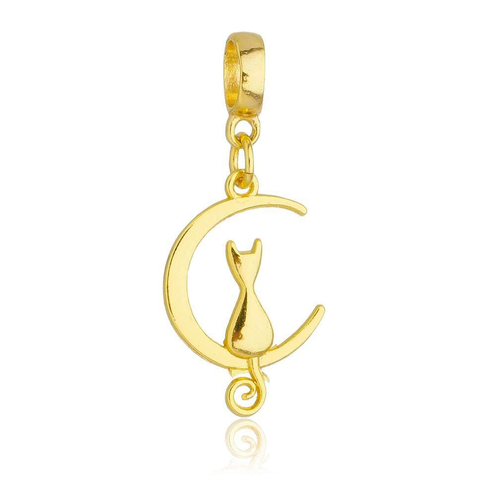 Pingente Berloque Gato na Lua Pandora Banhado a Ouro 18k