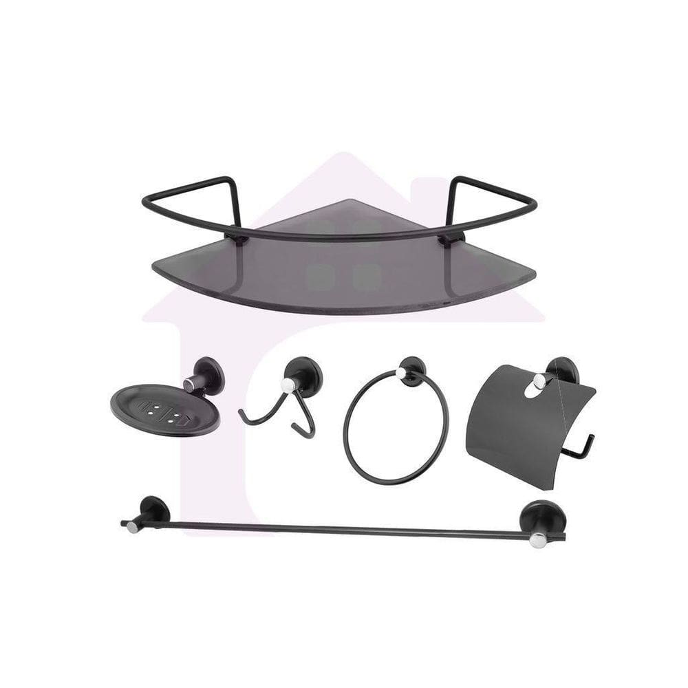 Kit Acessório Banheiro Aço Inox 6 Peças Porta Shampoo Vidro