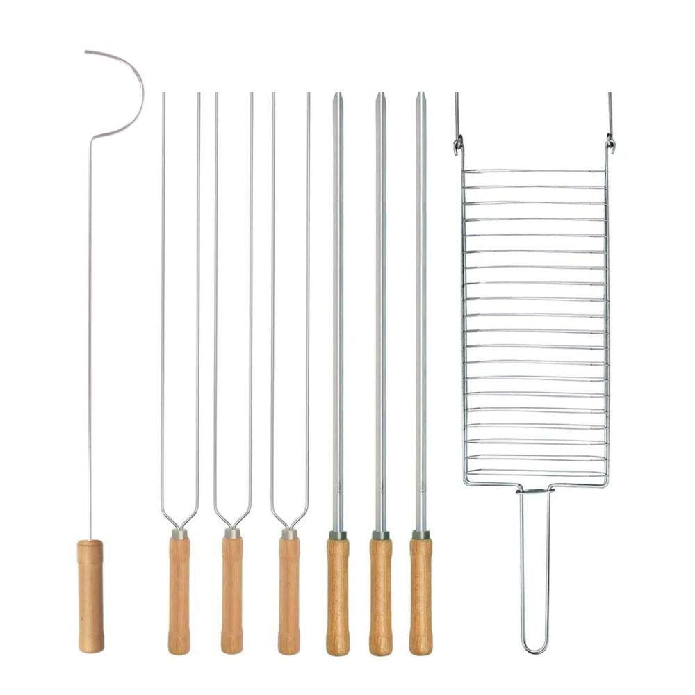 Kit Preparo Churrasco 8Pcs Churrasqueira 65Cm Cabo Madeira