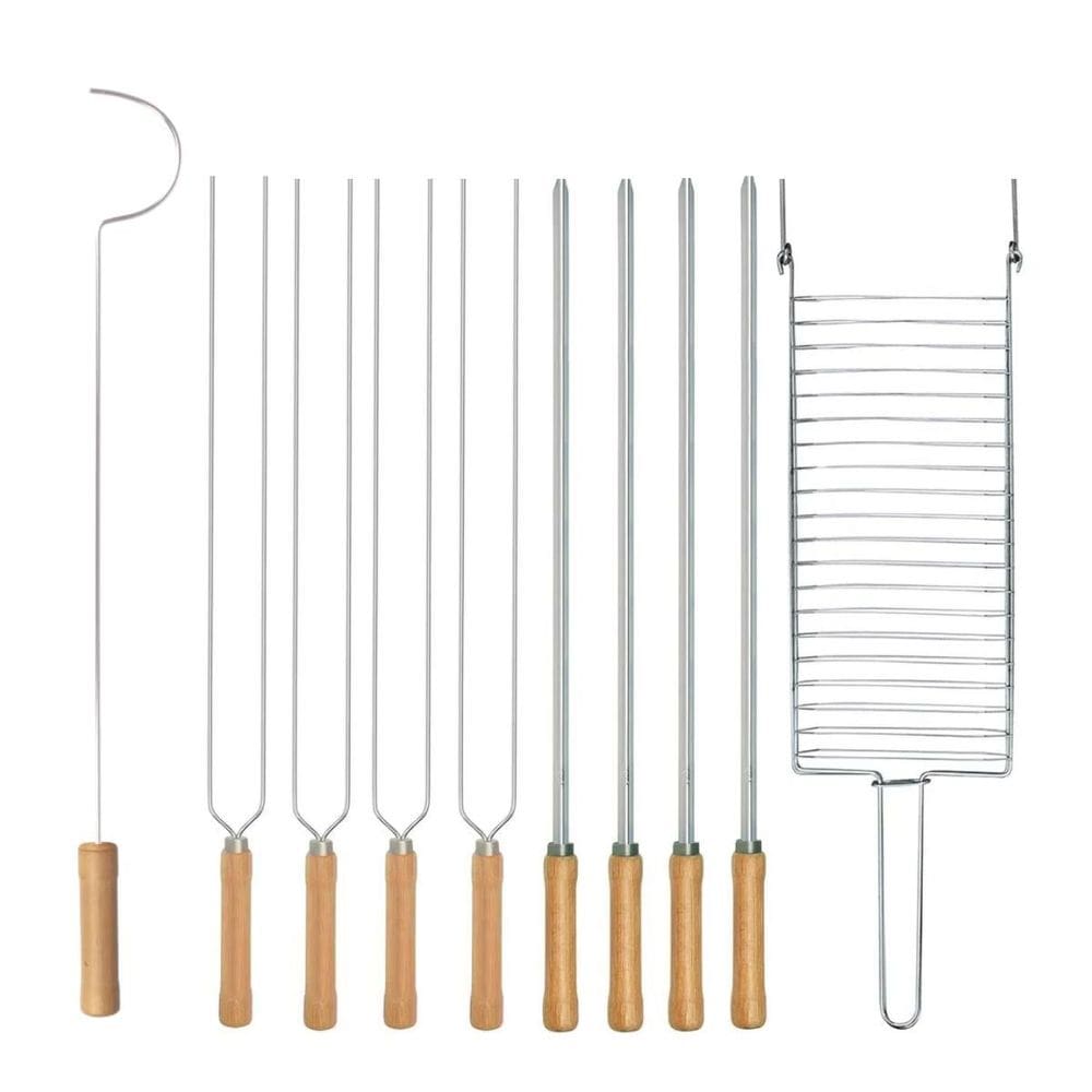 Kit Preparo Churrasco 10Pcs Churrasqueira 65Cm Cabo Madeira