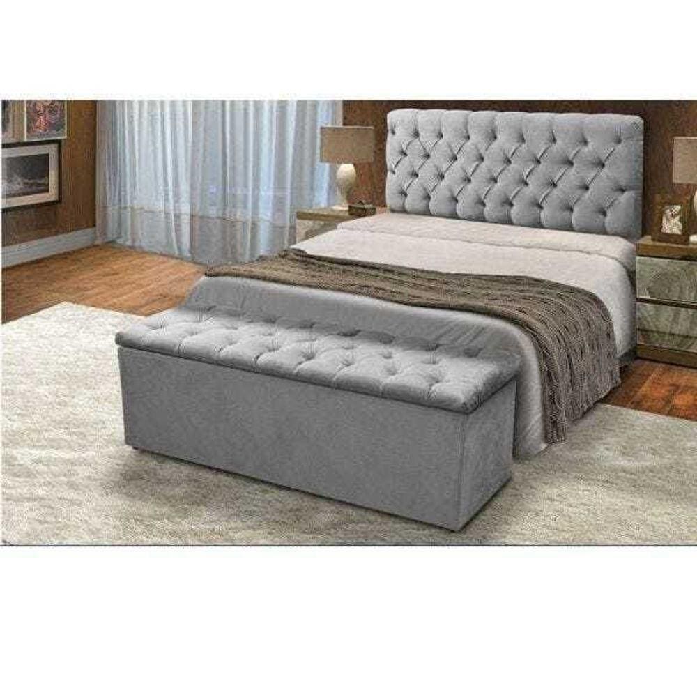 Cabeceira Mais Calçadeira Bau Casal Queen 160cm Para Cama Box Sofia Suede Cinza