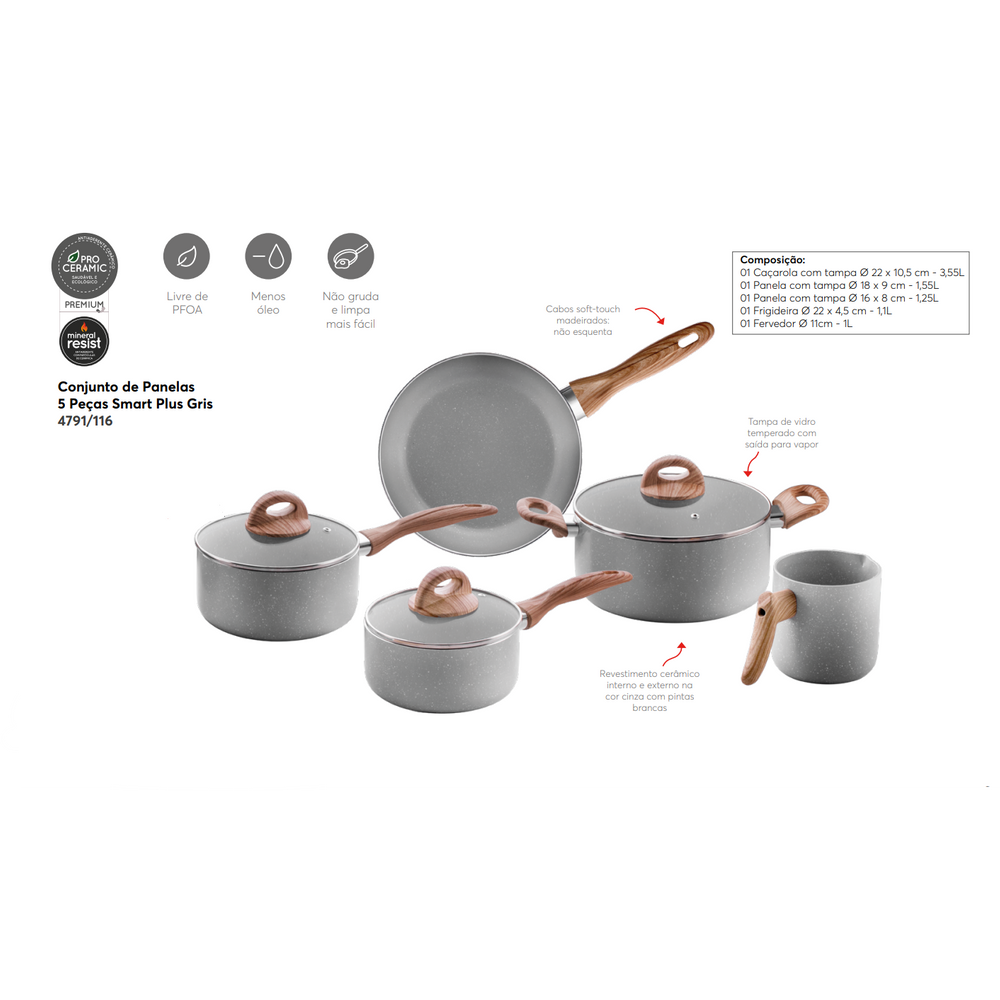 Jogo de Panelas Smart Plus 5 Peças Gris Brinox