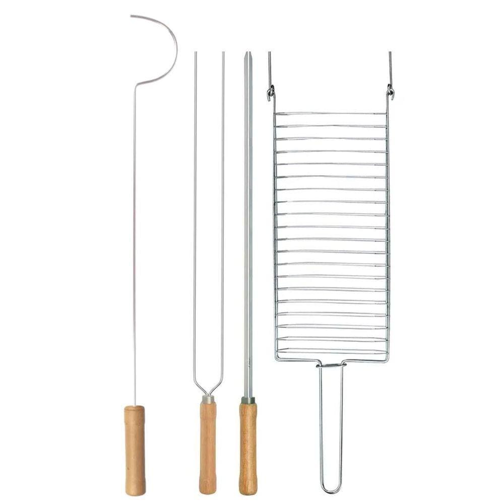 Kit Preparo Churrasco 4Pcs Churrasqueira 65Cm Cabo Madeira