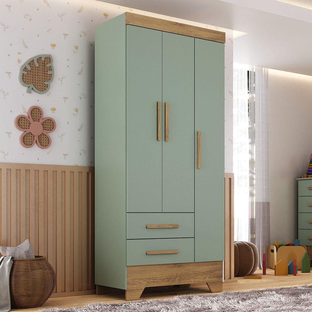 Guarda Roupa Infantil 3 Portas e 2 Gavetas Tic Tac Verde Fosco/Marrom