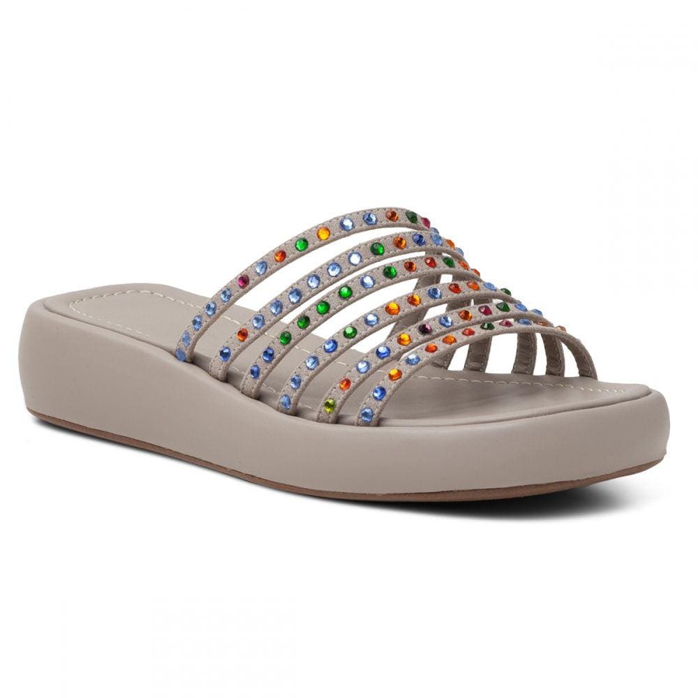 Sandália Tamanco Flat Form KRN Shoes Macia Tiras Fina Com Pedrarias