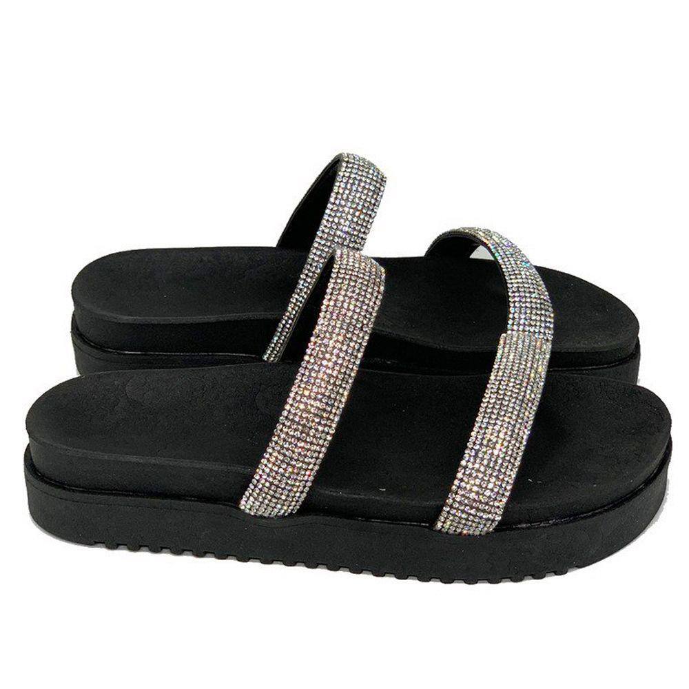 Sandália Papete FlatForm KRN Shoes Sola Macia Com Pedraria Brilhante
