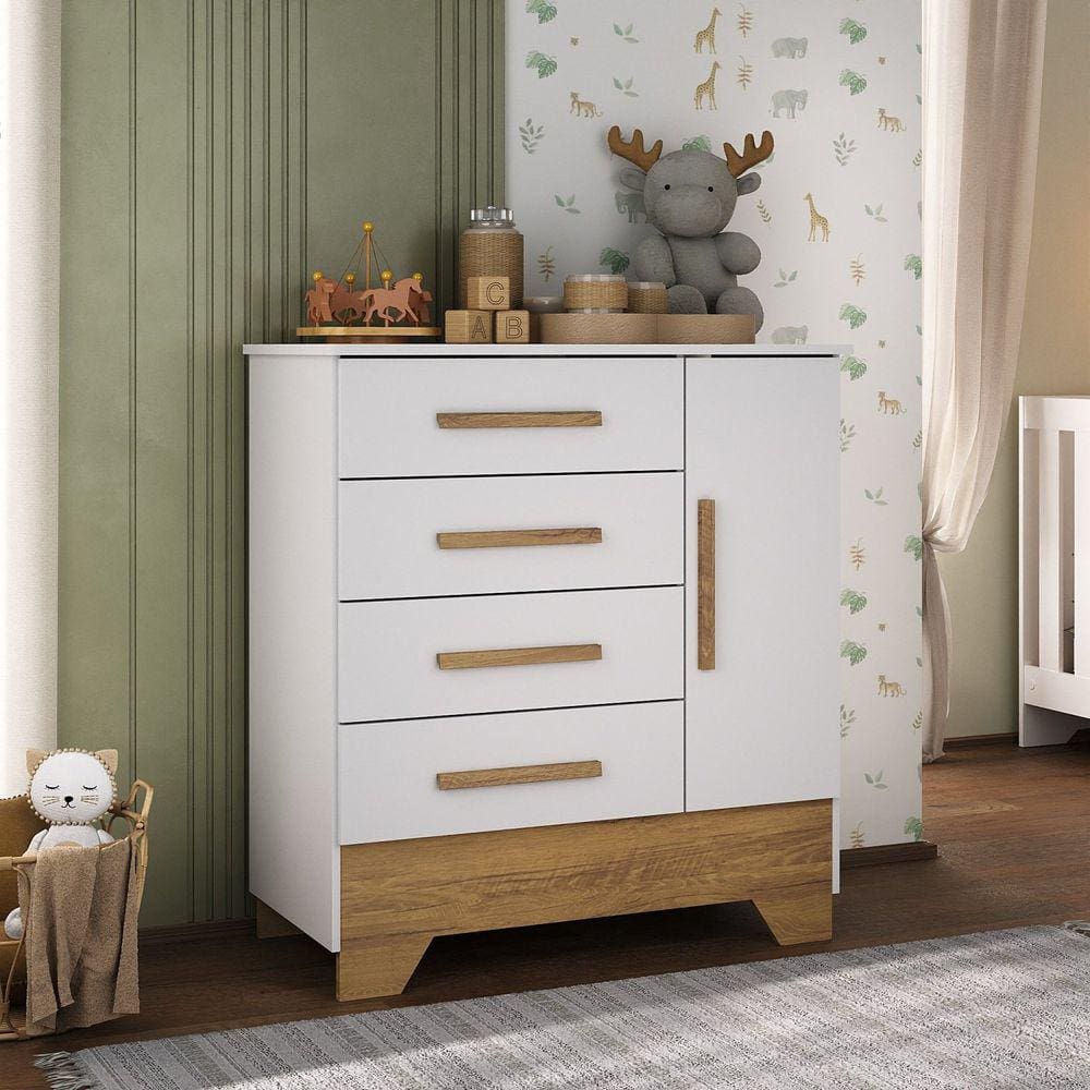 Cômoda Infantil 1 Porta e 4 Gavetas Tic Tac Branco Fosco/Marrom