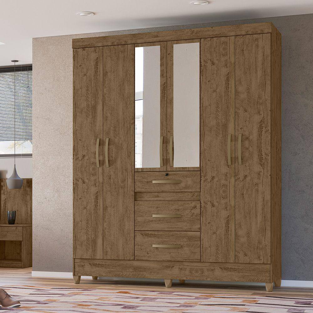 Guarda Roupa Roupeiro Itatiba Castanho Wood 6 Portas 3 Gavetas com Espelho Moval