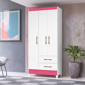 Guarda Roupa Lima Branco Rosa 3 Portas 2 Gavetas Moval