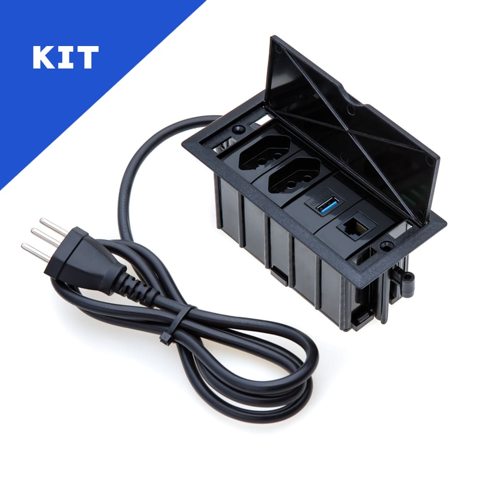 Kit Caixas Tomadas 4 Bl Basc 2 Tom 10A 1 USB Dados 1 Rj45 PT