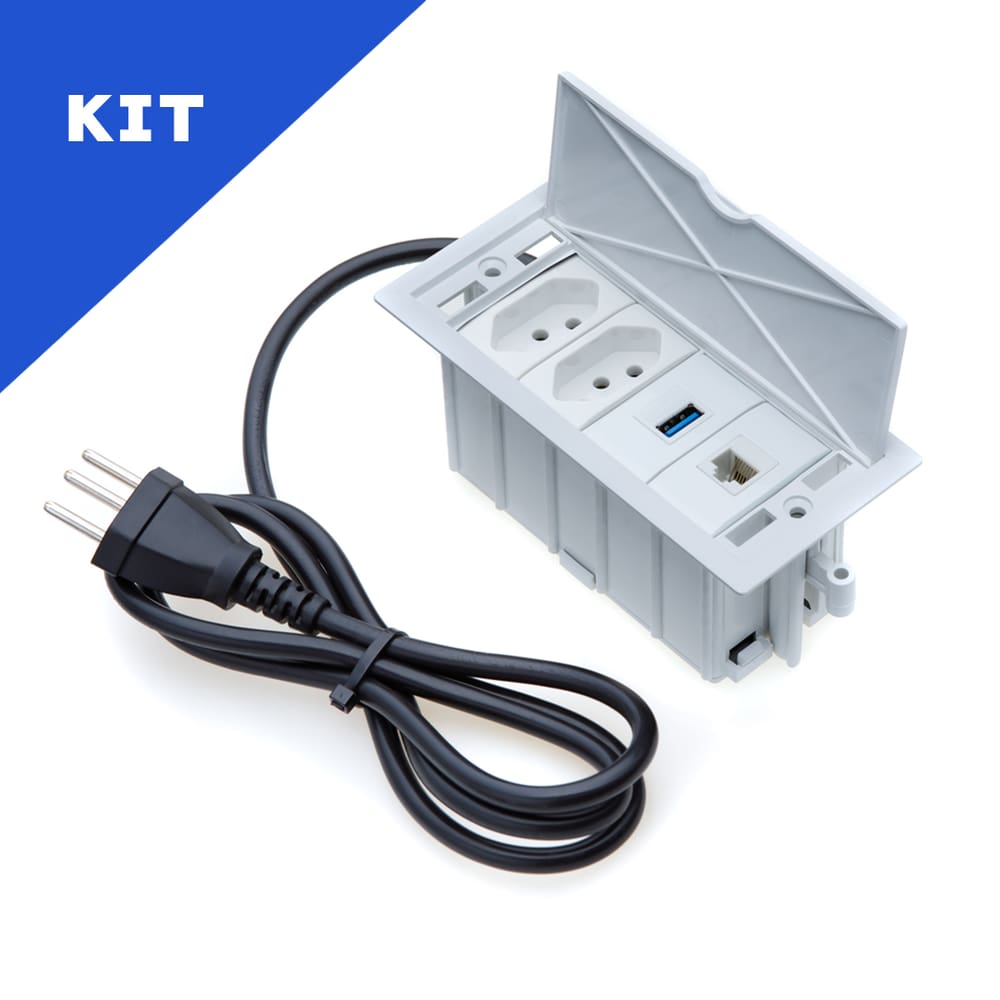 Kit Caixas Tomadas 4 Bl Basc 2 Tom 10A 1 USB Dados 1 Rj45 BR
