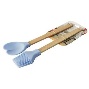 Kit Espátula Coração + Pincel Silicone Com Cabo Madeira Azul