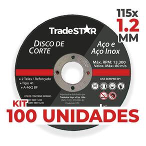 Kit 100 Discos De Corte Metal Inox 115x1,2mm Esmerilhadeira