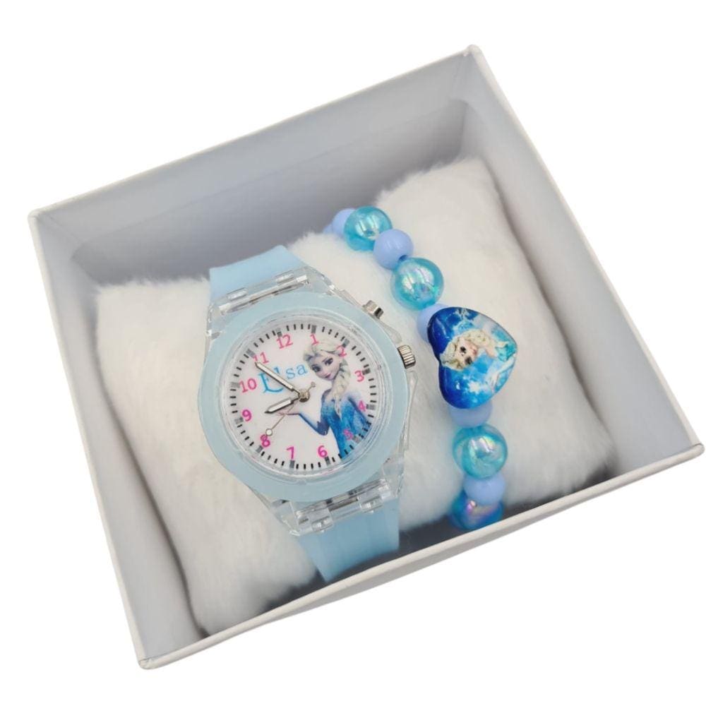 Conjunto Pulseira Relógio Analógico Led Princesa Elza Frozen
