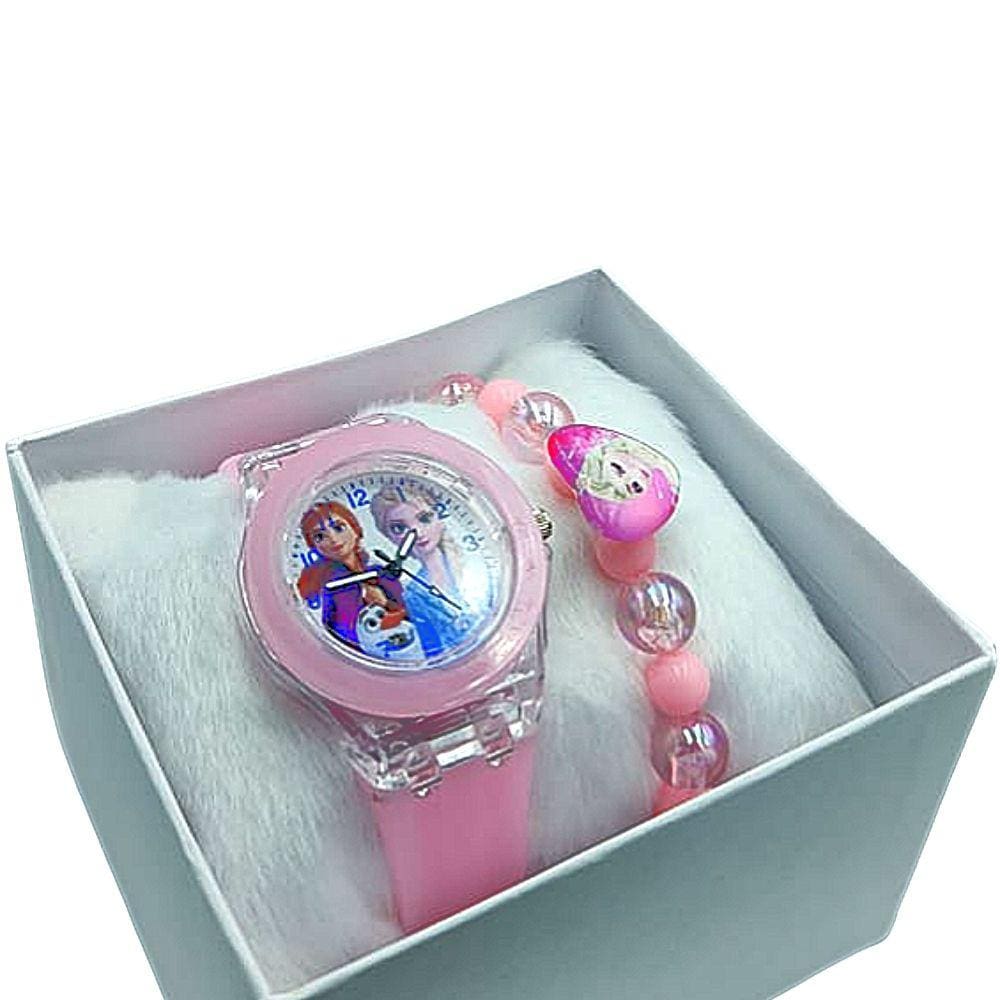 Conjunto Pulseira Relógio Analógico Led Princesa Elza Frozen