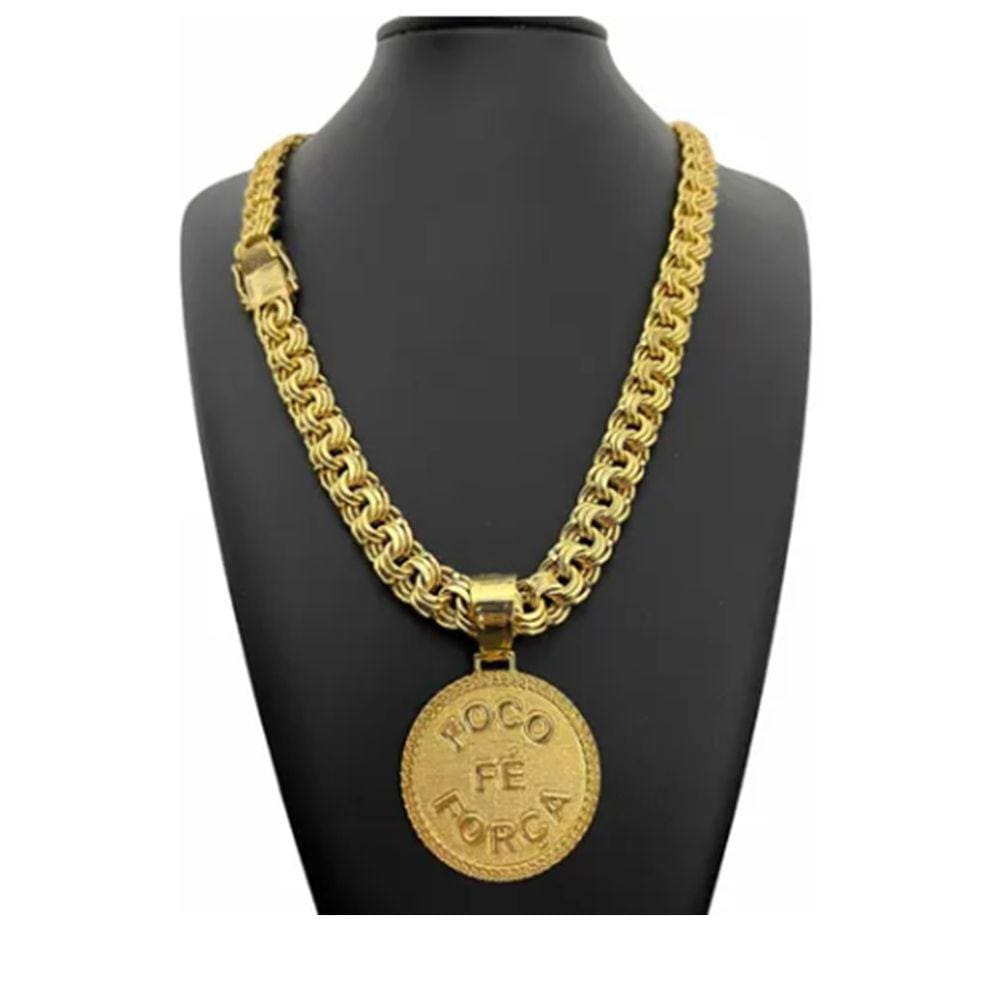 Cordão Banhado À Ouro 18k 12mm Friso Triplo + Pingente Luxo