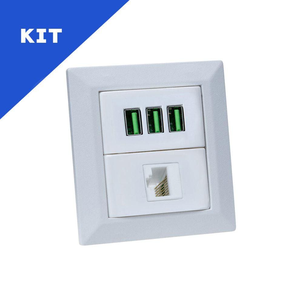 Kit Espelhos de Tomadas Duplo Chanfrado 3 USB 5.2A 1 RJ-45