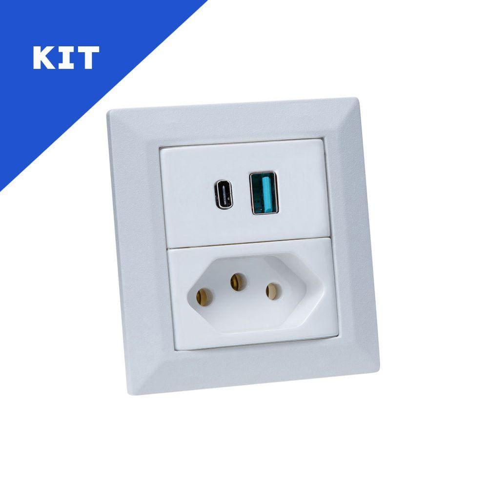 Kit Espelho Duplo Chanfrado 1 Tomada 10A 2USB 9.0A 1 Tipo C
