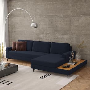Sofá em Linho 292cm Chaise Direito e Deck Loft Azul Marinho