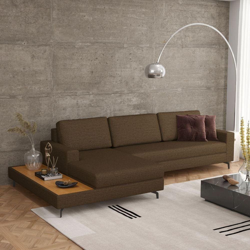 Sofá em Linho 292cm Chaise Esquerdo e Deck Loft Marrom/Preto