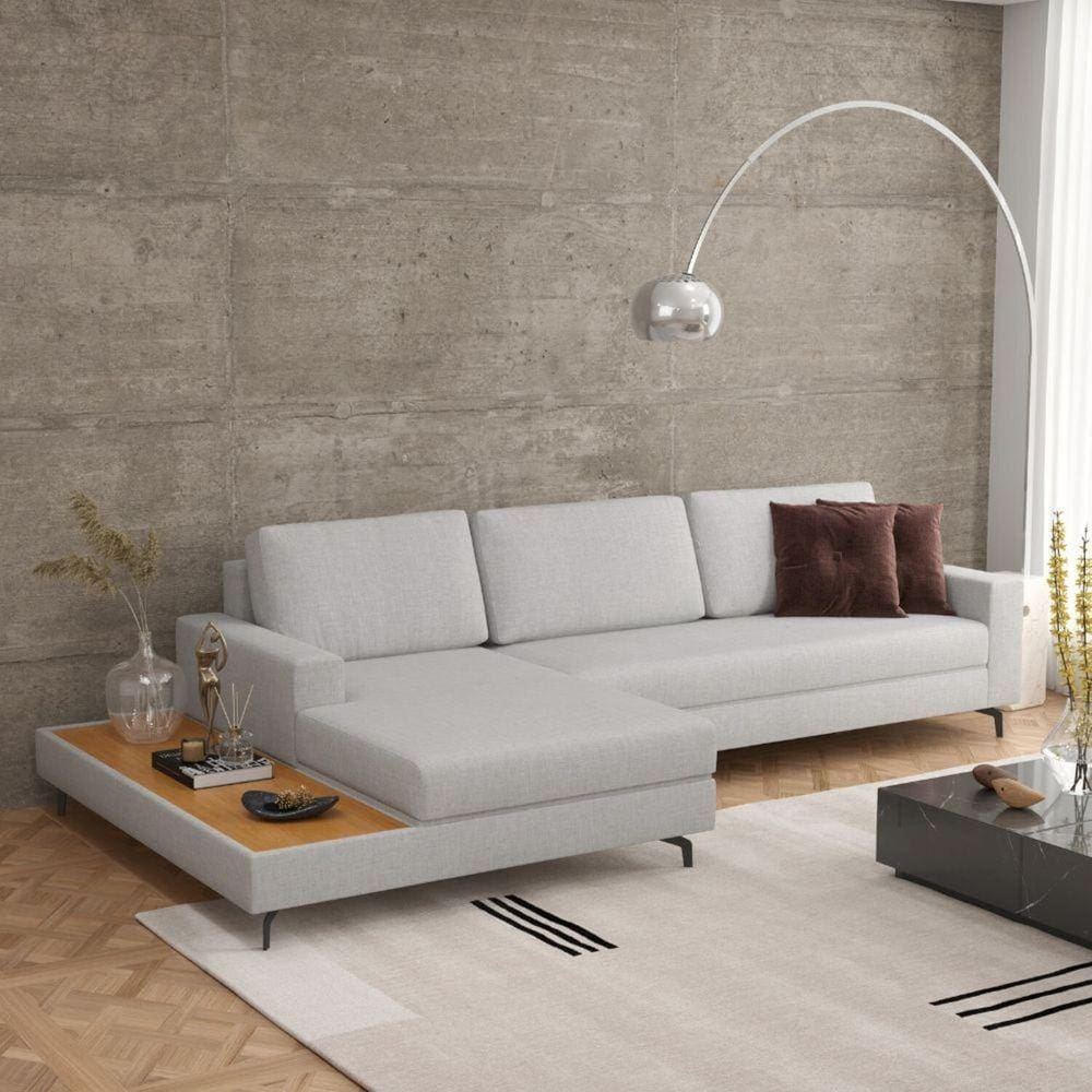 Sofá em Linho 292cm Chaise Esquerdo e Deck Loft Cinza