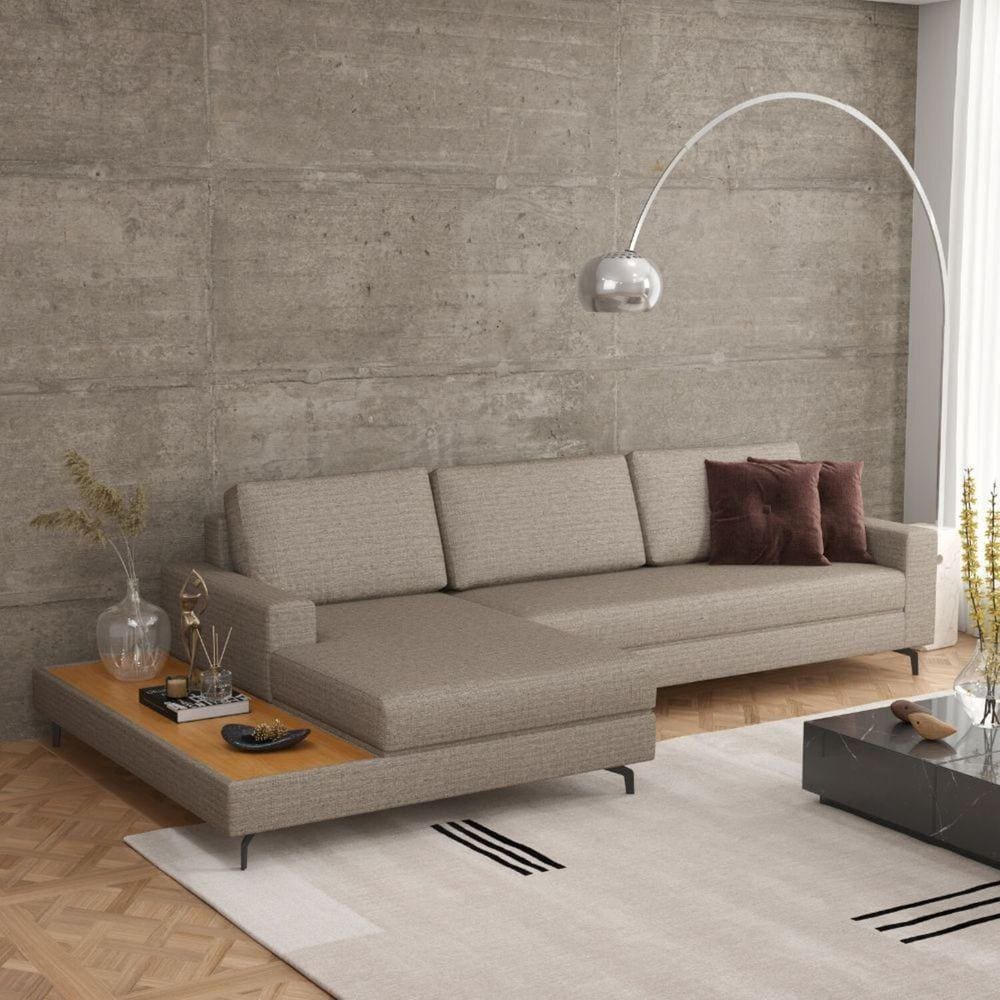 Sofá em Linho 292cm Chaise Esquerdo e Deck Loft Cinza/Marrom