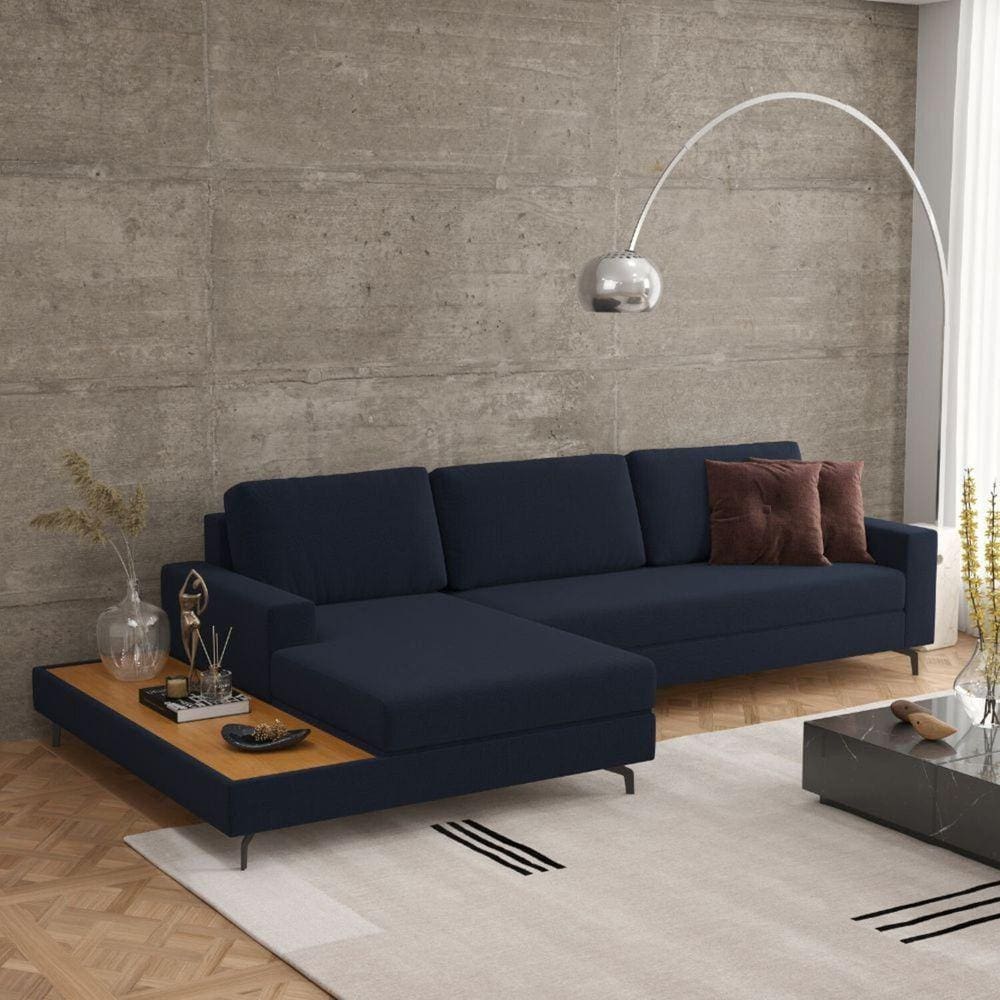 Sofá em Linho 292cm Chaise Esquerdo e Deck Loft Azul Marinho