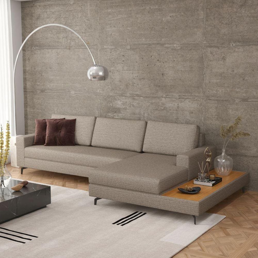 Sofá em Linho 322cm Chaise Direito e Deck Loft Cinza/Marrom
