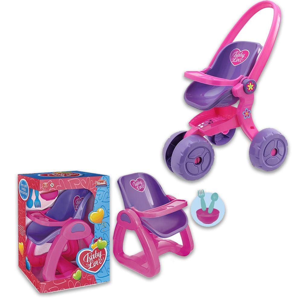 Conjunto Carrinho + Cadeirão Infantil Para Boneca Bebê Brinquedo